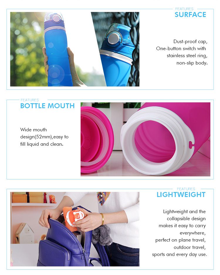 Leak proof, extrusion-resistant, Safety, durable silicone collapsible water bottle for kids