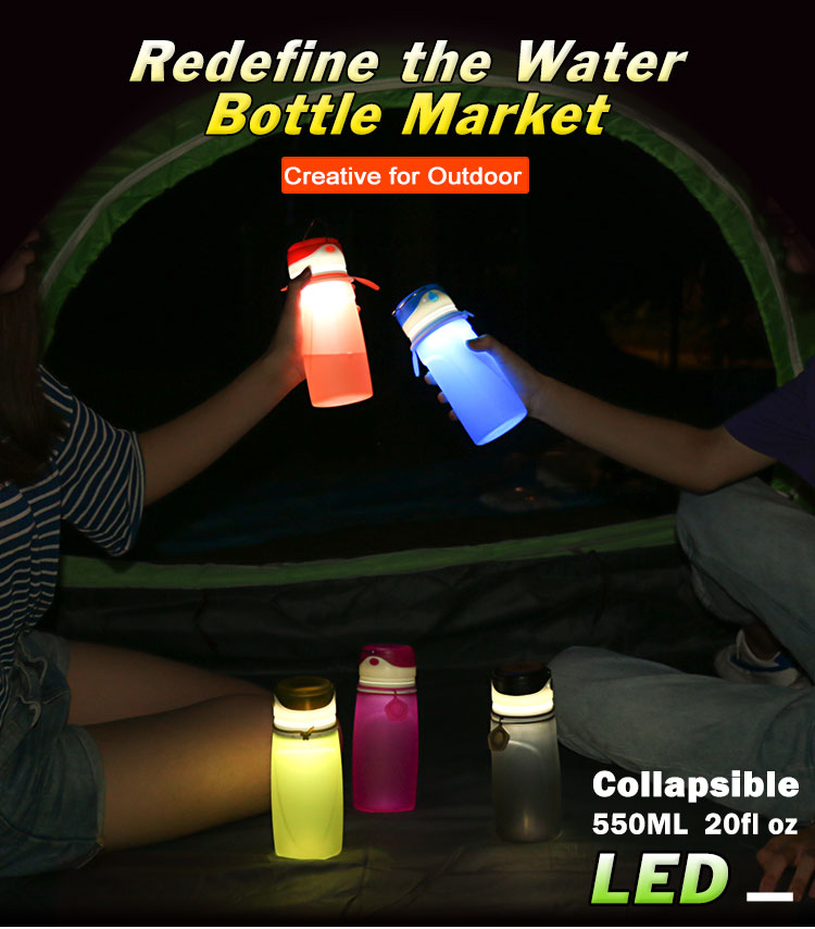 Led water bottle wholesale, collapsible bottles with lights in them