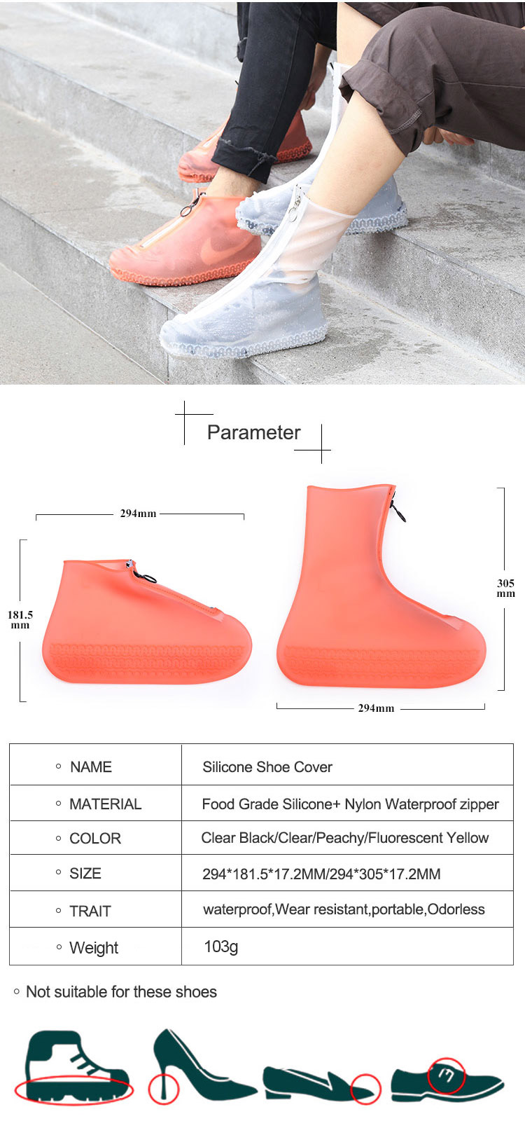 No-slip silicone rubber waterproof rain shoe covers