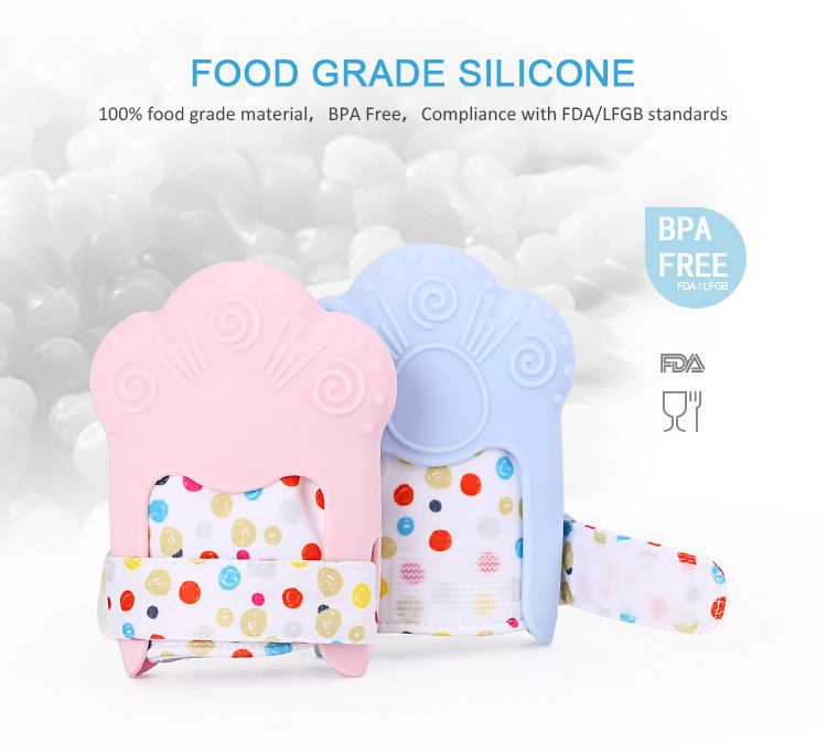 soothing baby teething mitten, food grade silicone, eco friendly, bpa free, compliance with FDA/LFGB standards.