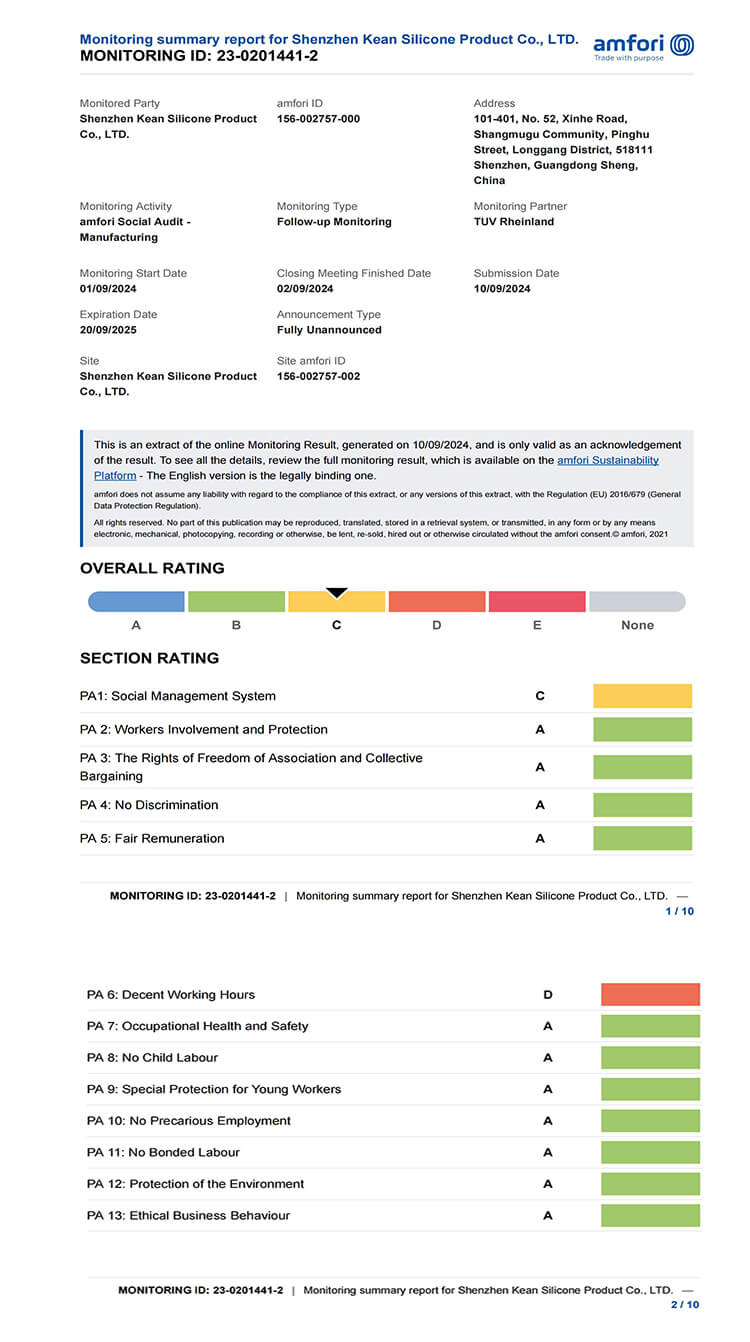 Kean silicone BSCI certification