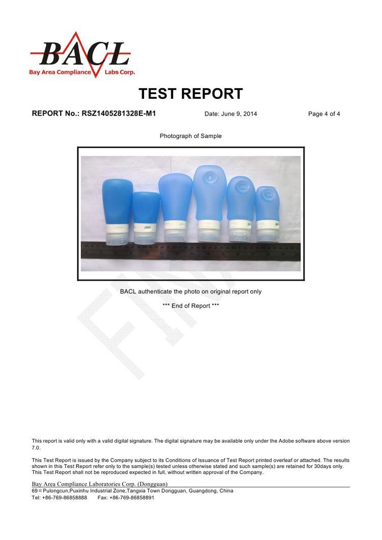 Silicone travel  bottles FDA certificate