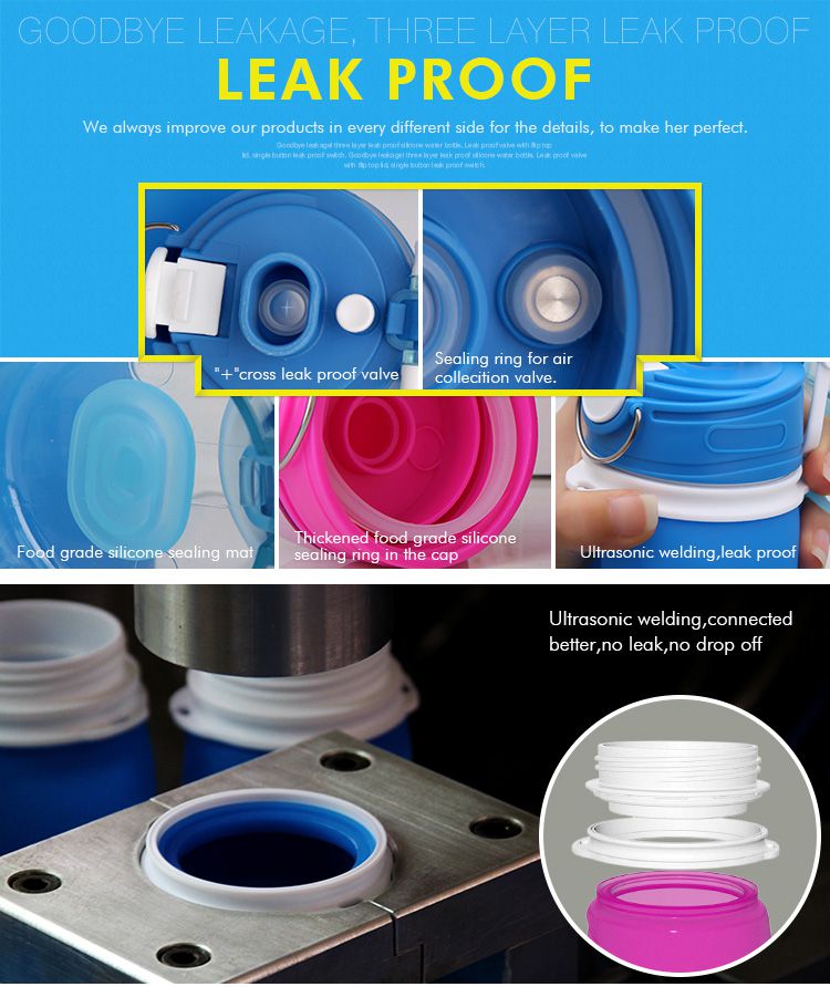 Ultrasonic welding, connected better, no leak, no drop off, Collapsible water bottle