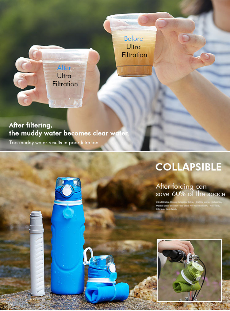 Collapsible water bottle with filter