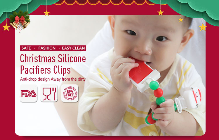 Silicone teething pacifier clip with Christmas stocking pendant