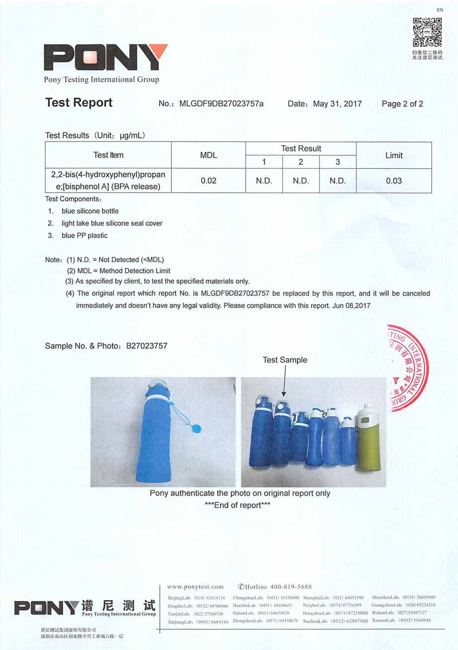 silicone collapsible water bottle certificate