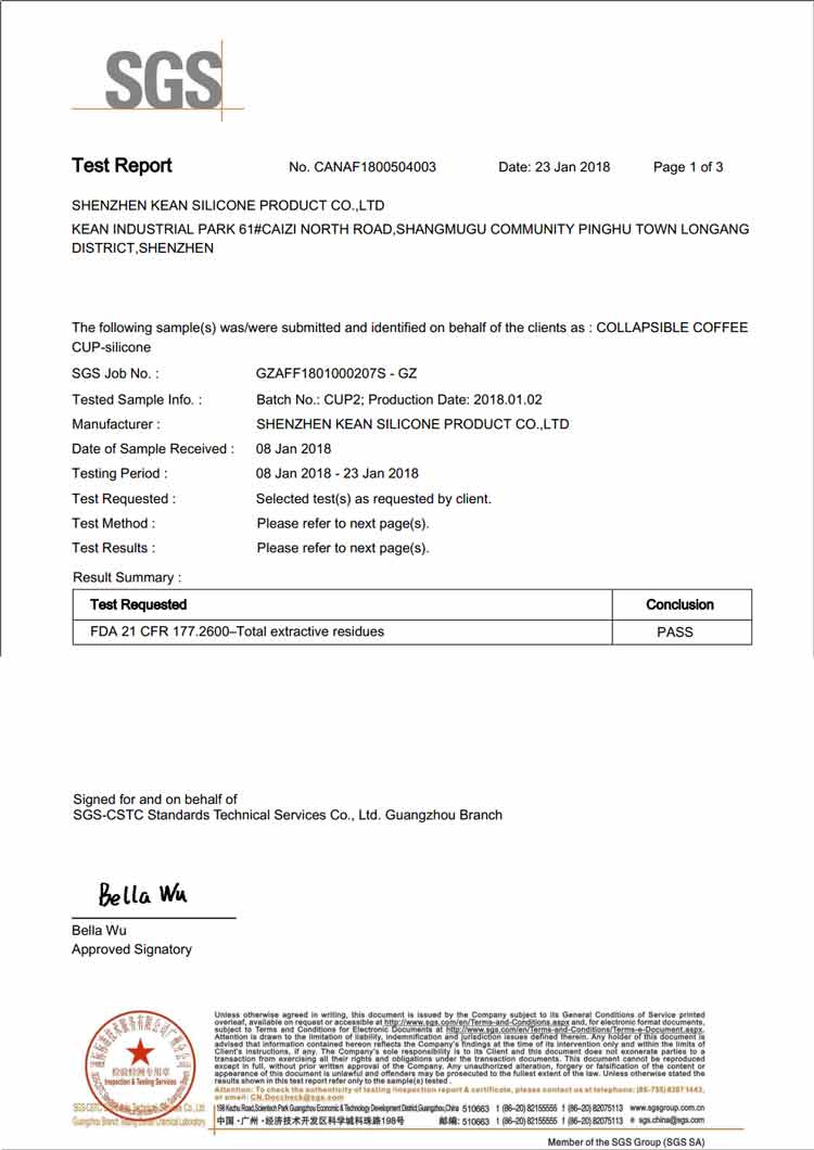 Foldable coffee cup FDA certificate