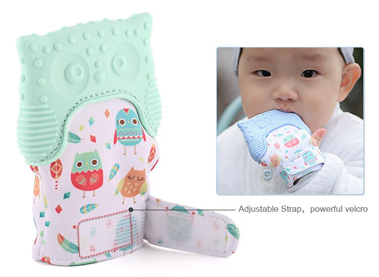 adjustable strap, powerful velcro teething glove mitten