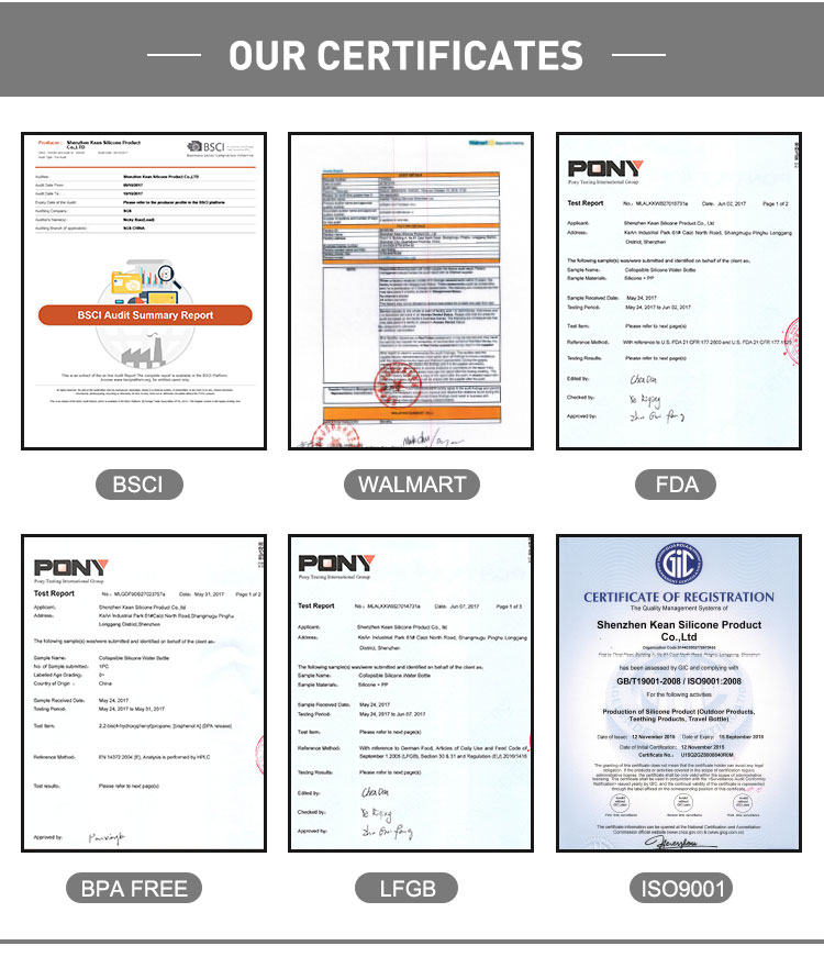 kean silicone water bottle manufacturer certificate