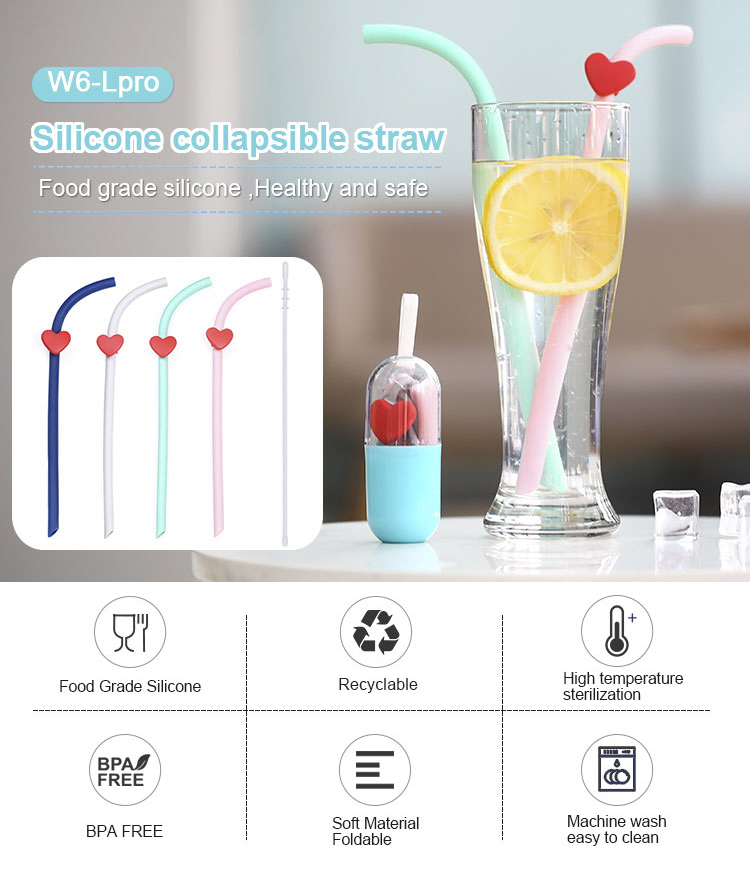 Reusable Silicone Folding Collapsible Drinking Straw Portable Cleaning Brush Set